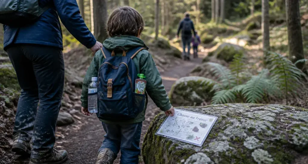 Balade en famille : famille en marche dans la forêt, enfant avec carte de chasse au trésor