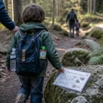 Balade en famille : famille en marche dans la forêt, enfant avec carte de chasse au trésor