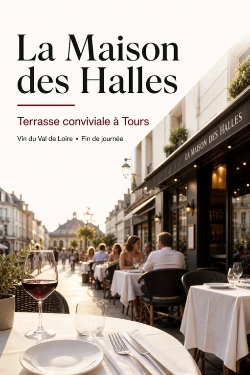 Maison des Halles Tours, terrasse conviviale du restaurant face aux Halles avec vins du Val de Loire
