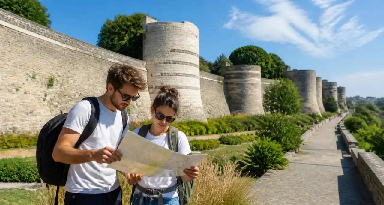 Touristes explorant le vieux Tours avec un plan