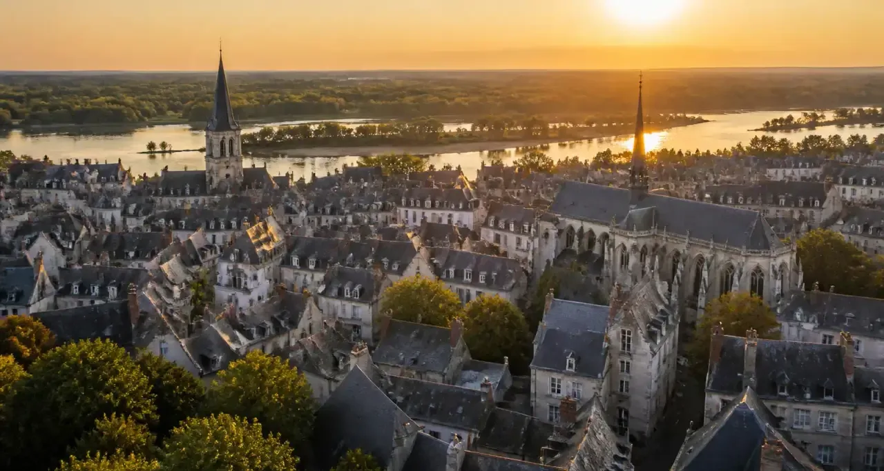 Vue aérienne du vieux Tours au coucher du soleil