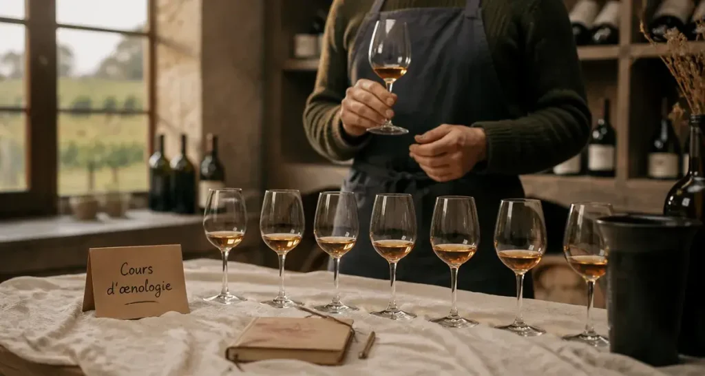 Cours oenologie tours : verres de dégustation de vin sur table