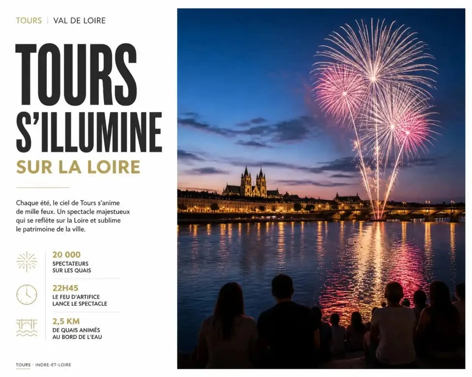 Feu d'artifice tours au-dessus de la Loire vu depuis les quais de Tours au crépuscule
