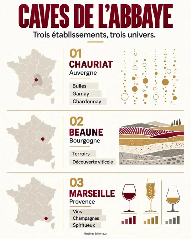 Infographie des Caves de l’Abbaye à Chauriat, Beaune et Marseille