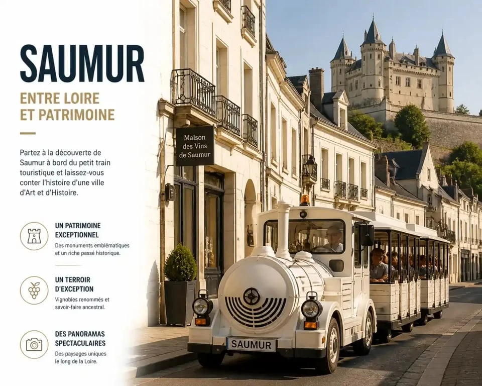 Petit train touristique de Saumur circulant devant les façades en tuffeau avec le château en arrière-plan