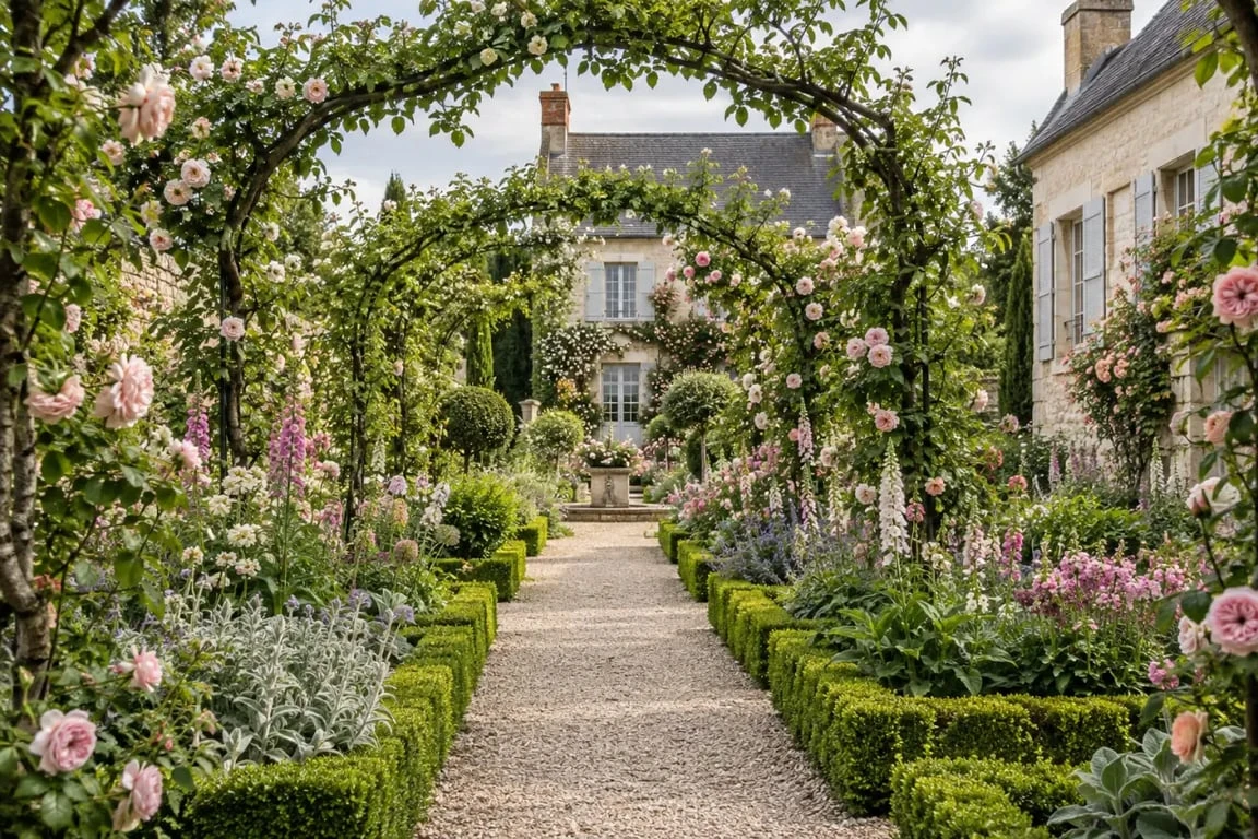 Jardin de curé de Chédigny avec nef végétale, rosiers et fruitiers palissés