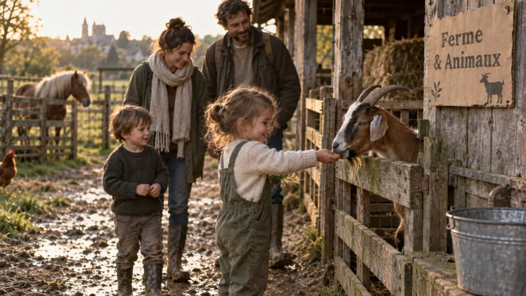 Ferme a visiter tours : enfant nourrit une chèvre, poney visible près de Tours