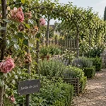Jardin de curé de Chédigny : rosier et nef de fruitiers
