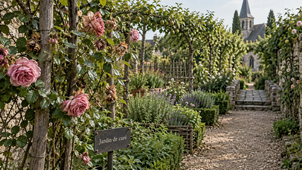 Jardin de curé de Chédigny : rosier et nef de fruitiers