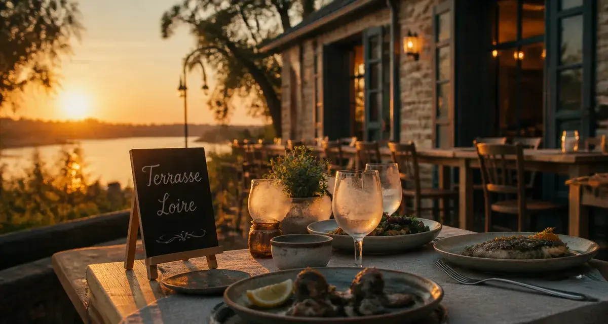 Restaurant bord de loire : terrasse en golden hour au bord de Loire