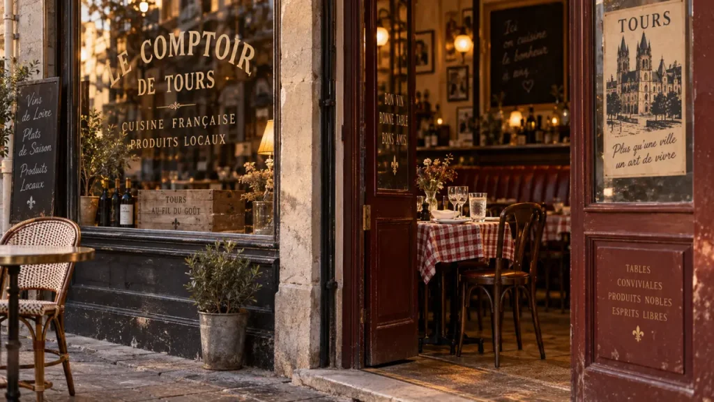 restaurant les canailles tours, rue Colbert, vitrine rétro et table dressée