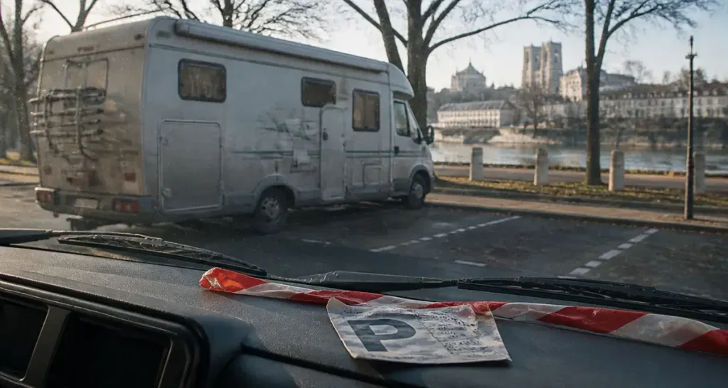 Visiter tours en camping car : camping-car sur parking près de la Loire à Tours, vue de l’intérieur
