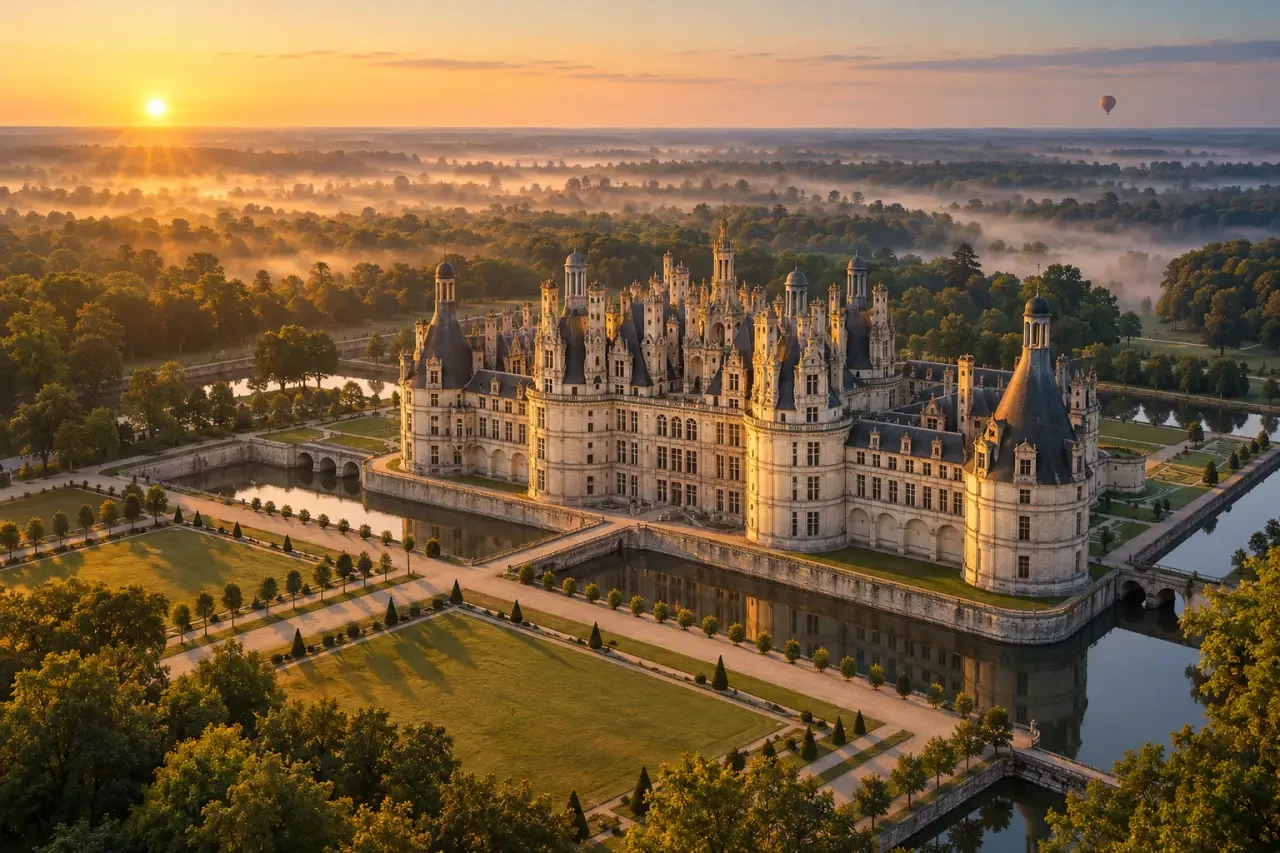 Montgolfière Chambord au lever du soleil avec vue aérienne sur le château et les bois de Sologne