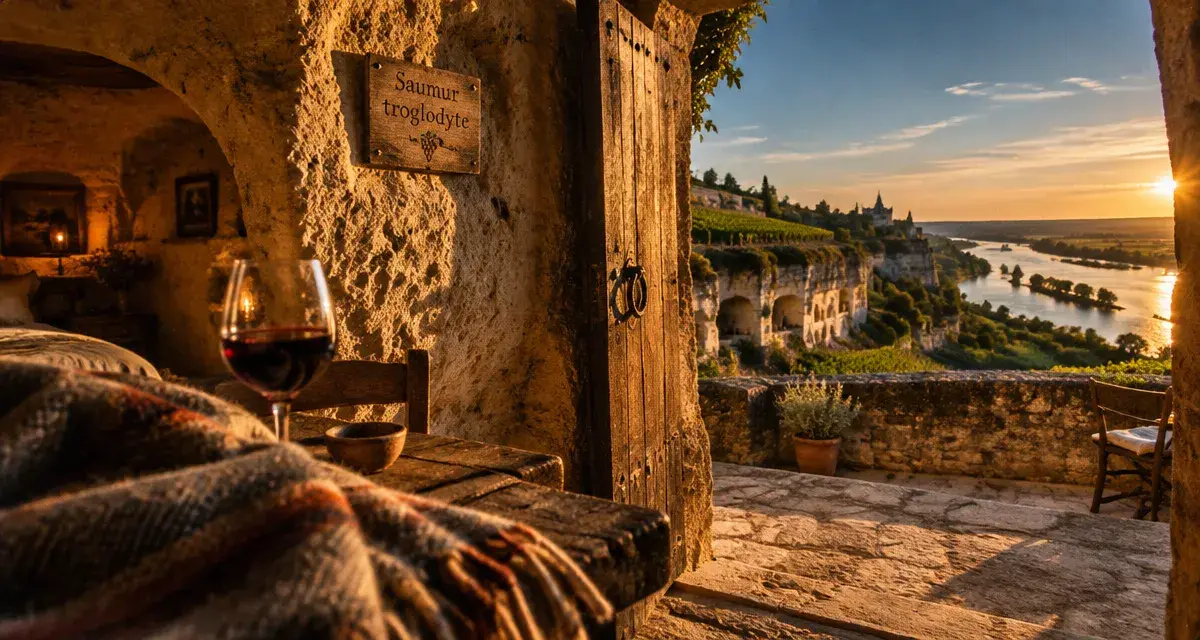 Lieux insolites Pays de la Loire : chambre troglodytique à Saumur, porte ouverte sur la Loire.