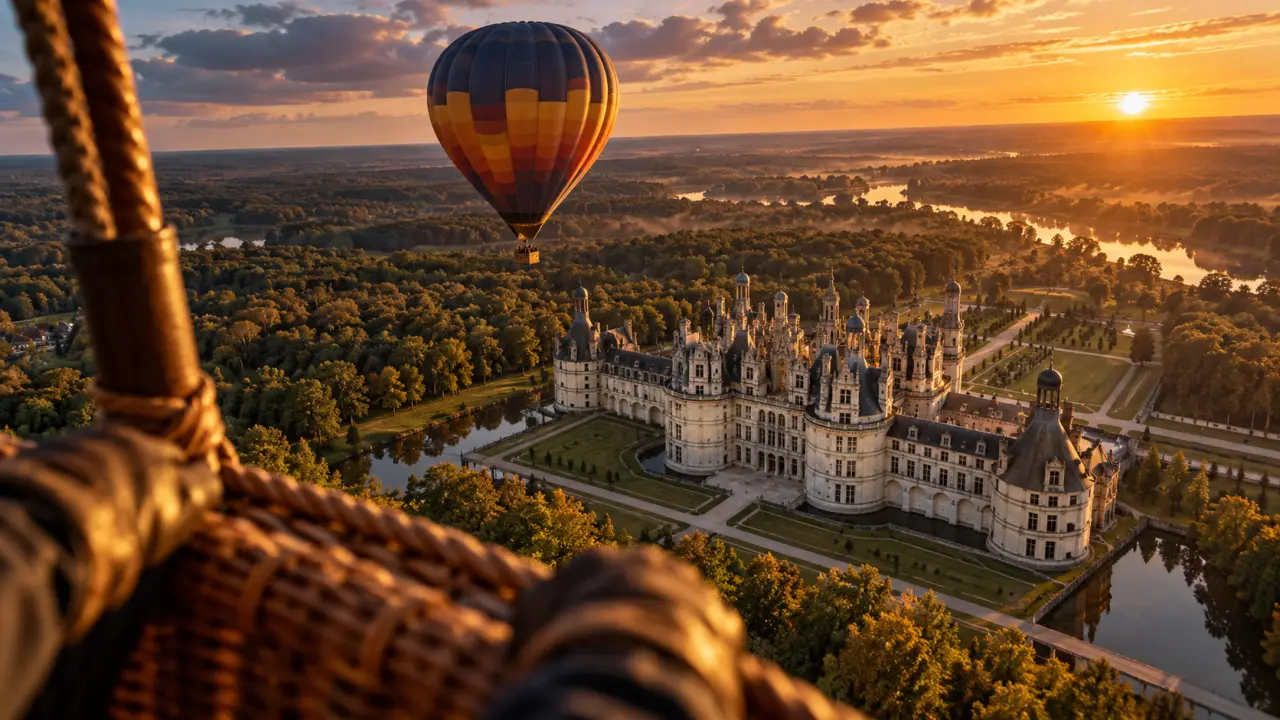 Montgolfiere chambord survol du château de Chambord au golden hour