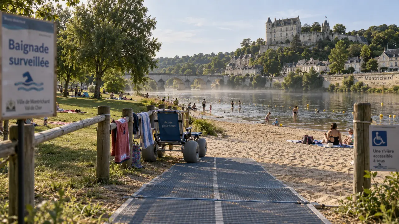 Parc-plage de Montrichard : accès PMR vers baignade surveillée au bord du Cher