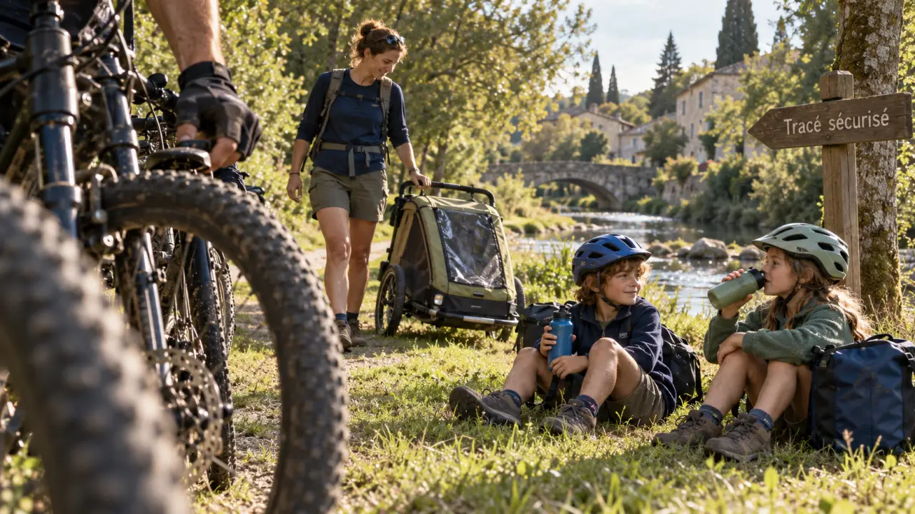 Voyage à vélo en famille sur voie verte sécurisée, pause au bord de l’eau